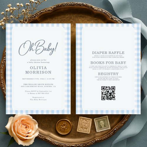 All in One Oh Baby Boy Blue Gingham Baby Shower Invitation