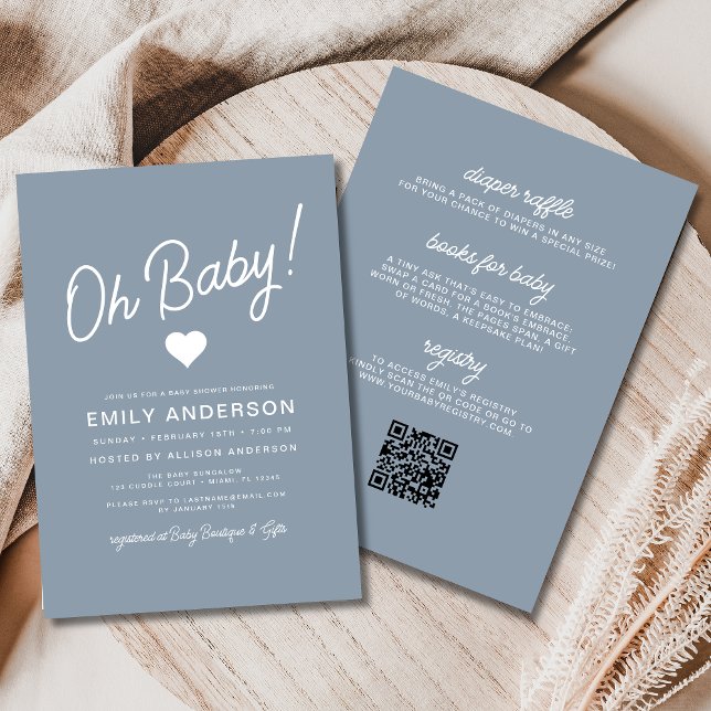 All in One Oh Baby Dusty Blue Baby Shower  Invitation (Creator Uploaded)