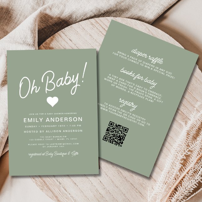All in One Oh Baby Sage Green Baby Shower  Invitation (Creator Uploaded)
