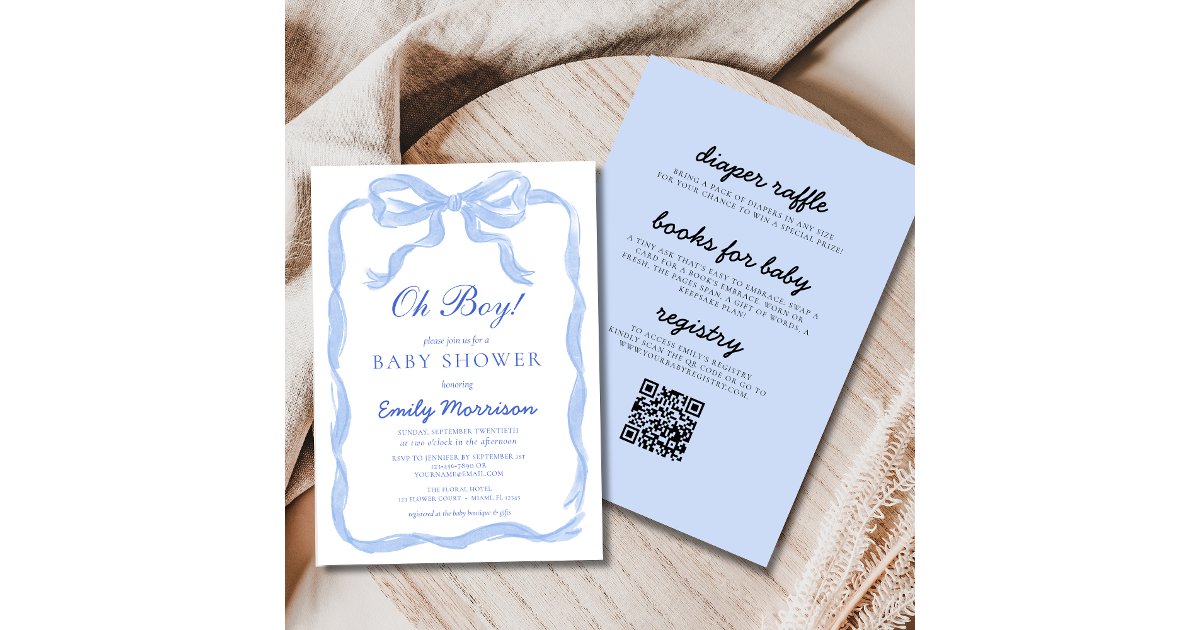 All in One Oh Boy Blue Ribbon Bow Baby Shower Invitation | Zazzle