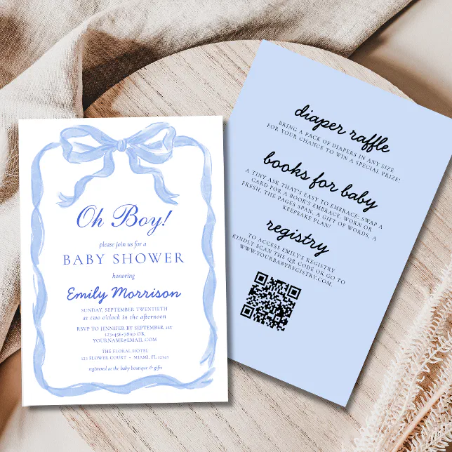 All in One Oh Boy Blue Ribbon Bow Baby Shower Invitation | Zazzle