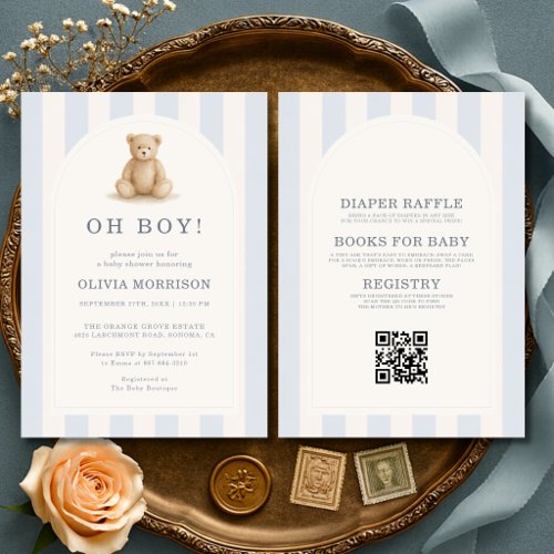 All in One Oh Boy Blue Teddy Bear Baby Shower Invitation