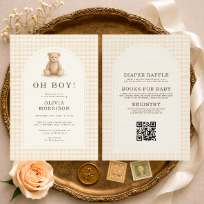 All in One Oh Boy Gingham Teddy Bear Baby Shower Invitation
