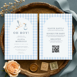 All in One Oh Boy Stork Gingham Baby Shower Invitation