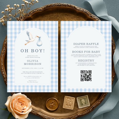 All in One Oh Boy Stork Gingham Baby Shower Invitation