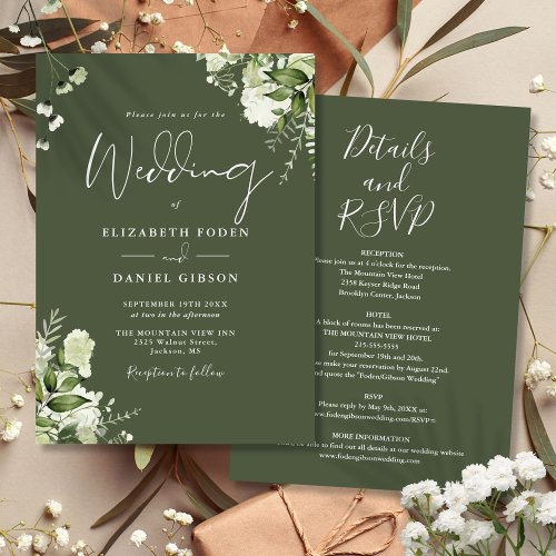 All In One Olive Green Greenery Floral Wedding Invitation