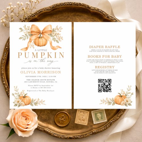 All in One Orange Bow Pumpkin Fall Baby Shower Invitation