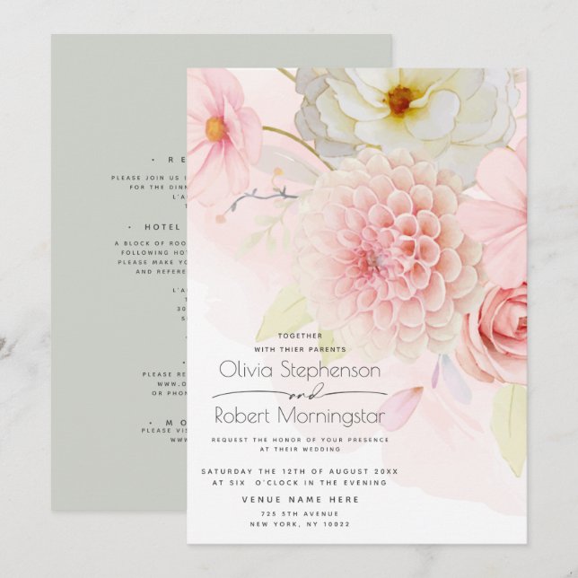 All in One Pastel Pink Flowers Wedding  Invitation (Front/Back)