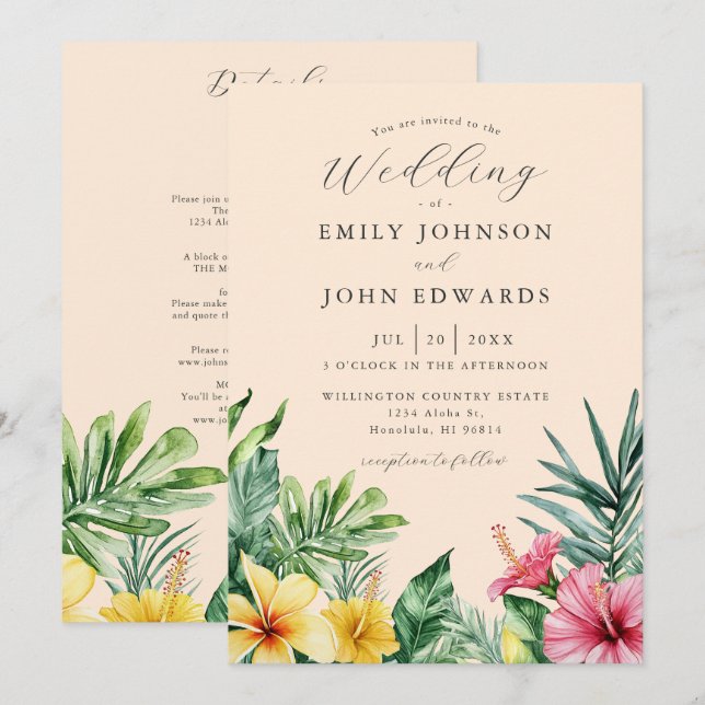 All In One Peach Tropical Floral Wedding Invitation (Front/Back)