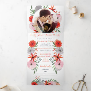 All In One Peachy Lavender Red Pink Floral Wedding Tri-Fold Invitation