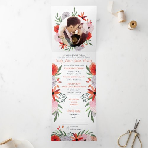 All In One Peachy Lavender Red Pink Floral Wedding Tri_Fold Invitation