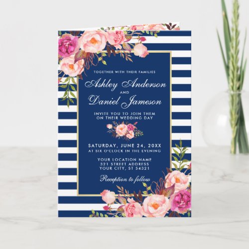 All In One Pink Blue Stripes Wedding Invitation