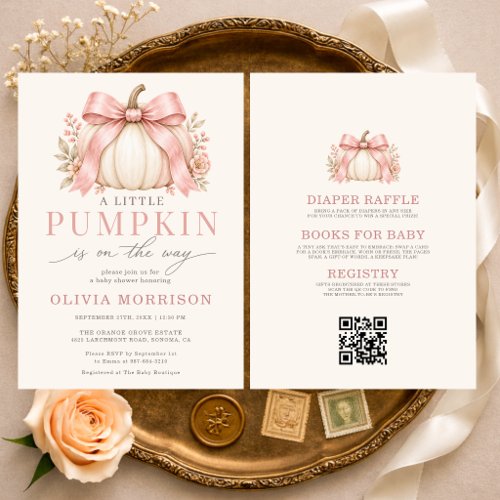 Pink Bow Little Pumpkin All-in-One Baby Shower Invitation, All-in-One · Pink · Baby Girl