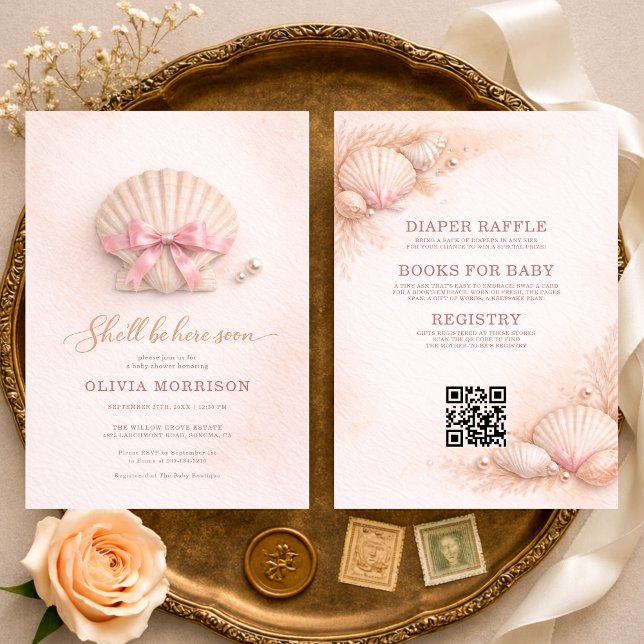 All in One Pink Bow Shell Girl Baby Shower  Invitation (Creator Uploaded)