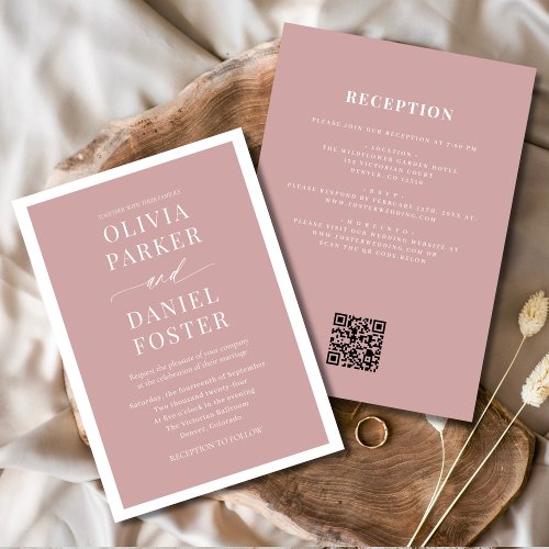 All in One Pink Dusty Rose QR Code Wedding Invitation