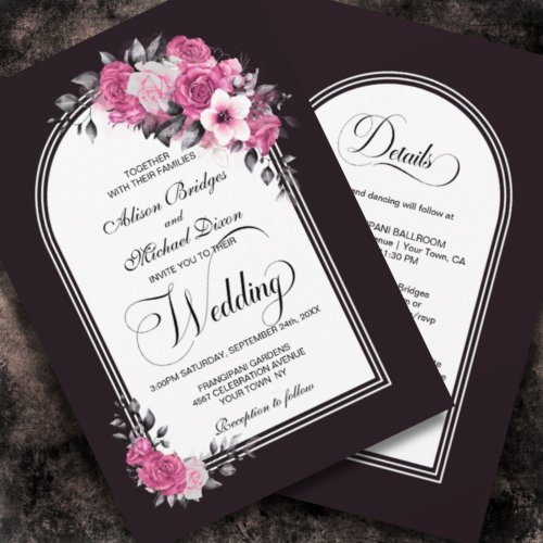 All In One Pink Floral Arch Mulberry Wedding Invitation