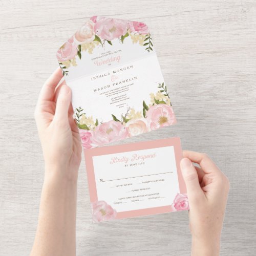 All in One Pink Floral Peony Wedding Invite