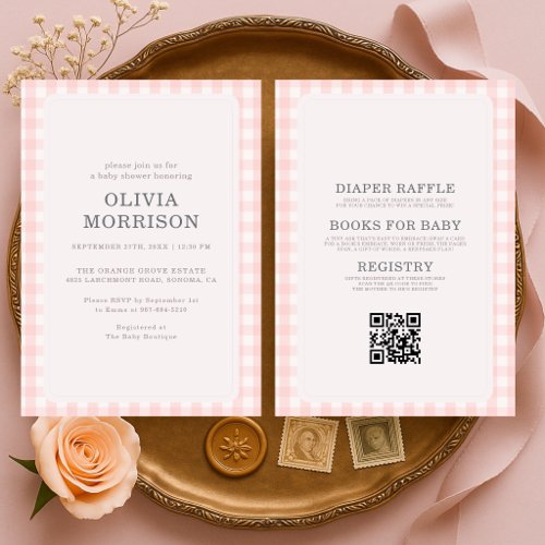 All in One Pink Girl Gingham Baby Shower Invitation