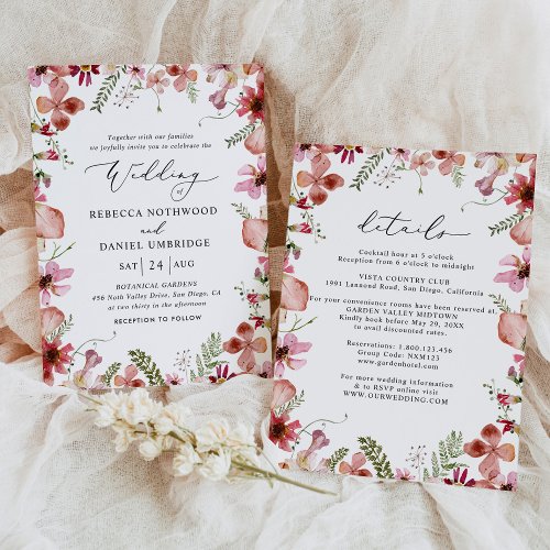 All_in_one Pink Peach Wildflowers Wedding Invitation