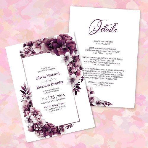 All In One Pink Plum Floral Wedding Invitation
