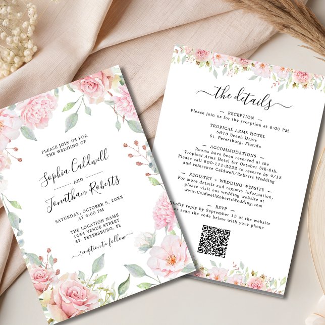 All in One Pink Roses Sage Greenery Wedding Invitation (All in One Elegant Pink Roses and Sage Greenery Wedding Invitation)