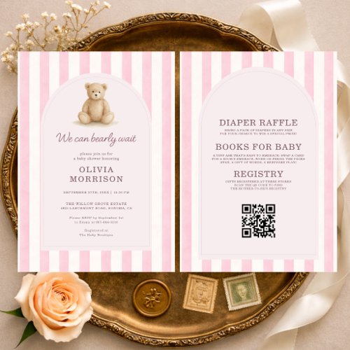 All in One Pink We Can Bearly Wait Baby Shower Invitation