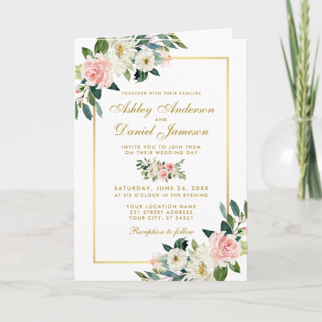 All In One Pink White Floral Wedding Photo Invite (Front)