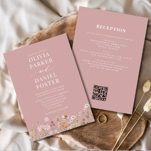 All in One Pink Wildflower QR Code Wedding Invitation