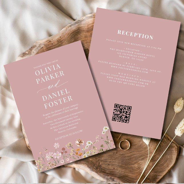 All in One Pink Wildflower QR Code Wedding  Invitation (Creator Uploaded)