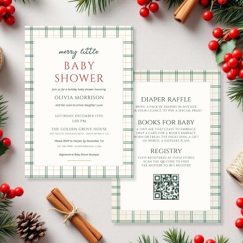 Christmas Merry Little Baby Shower Gingham or plaid baby shower invitation