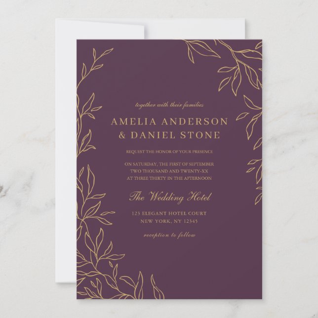 All in One Plum Purple Gold Minimal Leaf Wedding  Invitation (Front)