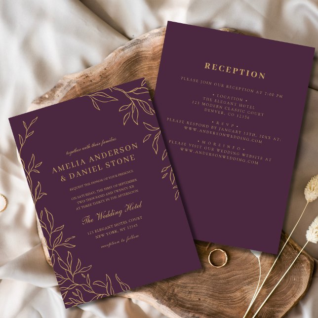 All in One Plum Purple Gold Minimal Leaf Wedding  Invitation (Creator Uploaded)