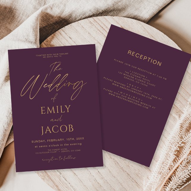 All in One Plum Purple Gold Wedding Script Invitation (Creator Uploaded)