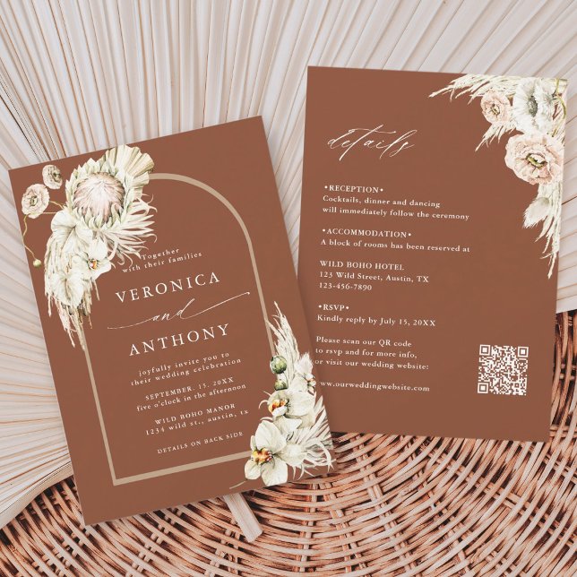 All In One Protea Pampas Grass Wedding Terracotta Invitation (Creator Uploaded)