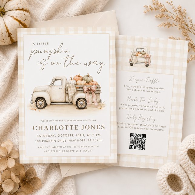 All In One Pumpkin Truck Gingham Fall Baby Shower Invitation (Creator Uploaded)