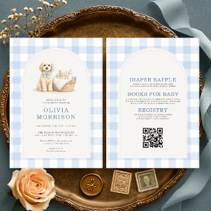 All in One Puppy Dog Gingham Blue Baby Shower Invitation