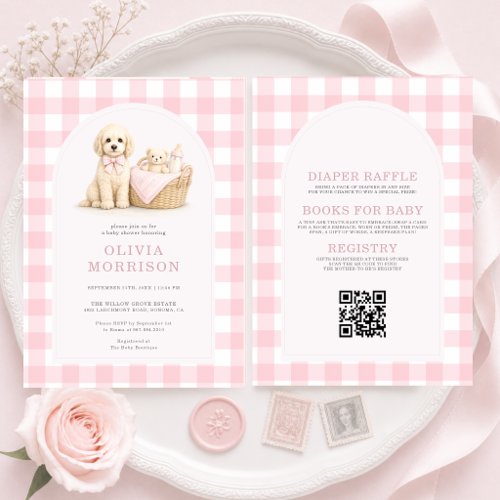 All in One Puppy Dog Gingham Pink Baby Shower Invitation