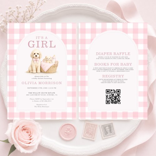 All in One Puppy Dog Girl Pink Baby Shower Invitation