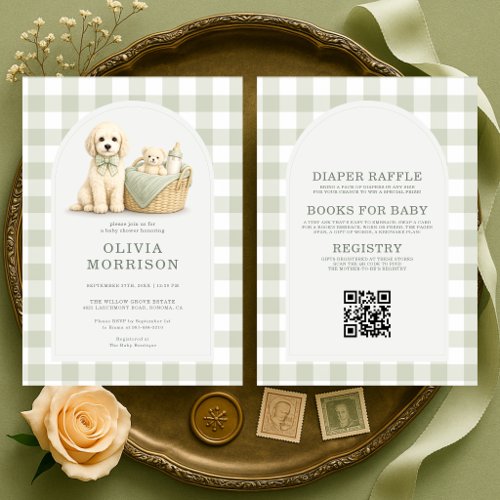 All in One Puppy Dog Sage Green Baby Shower Invitation