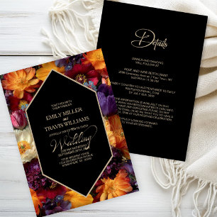 All in One Purple and Orange Floral Black Wedding Invitation