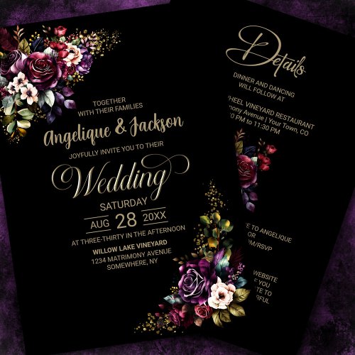 All In One Purple Burgundy Black Floral Wedding Invitation