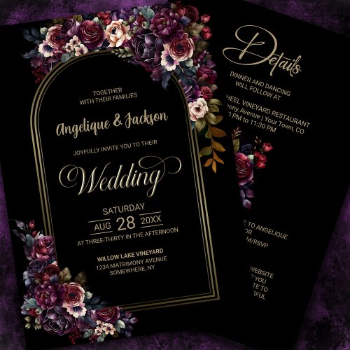 All In One Purple Burgundy Floral Arch Wedding Invitation