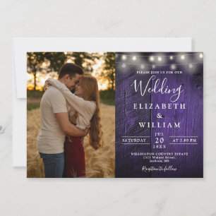 All In One Purple Wood String Lights Wedding Photo Invitation