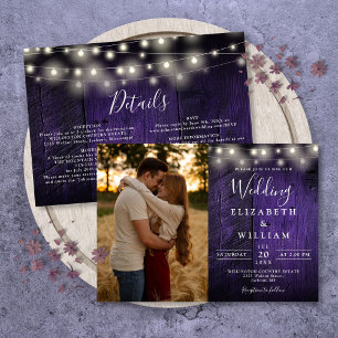 All In One Purple Wood String Lights Wedding Photo Invitation
