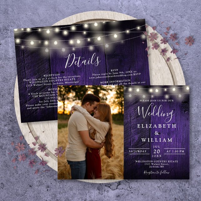 All In One Purple Wood String Lights Wedding Photo Invitation (All In One Purple Wood String Lights Wedding Photo Invitation)