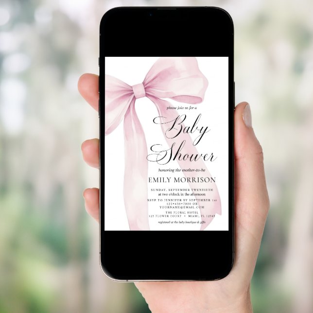 All in One QR Code Blush Pink Bow Girl Baby Shower Invitation (Front Digital)