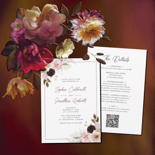 All in One QR Code Blush Pink Roses Wedding Invitation