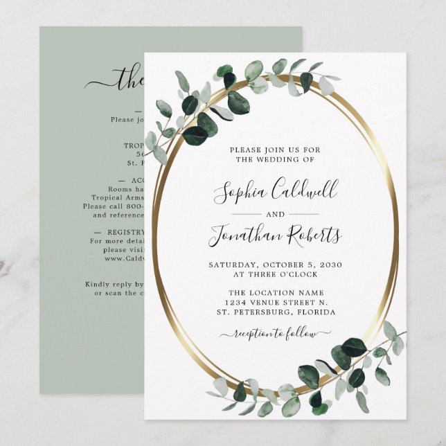 All in One QR Code Eucalyptus Gold Sage Wedding In Invitation (Front/Back)
