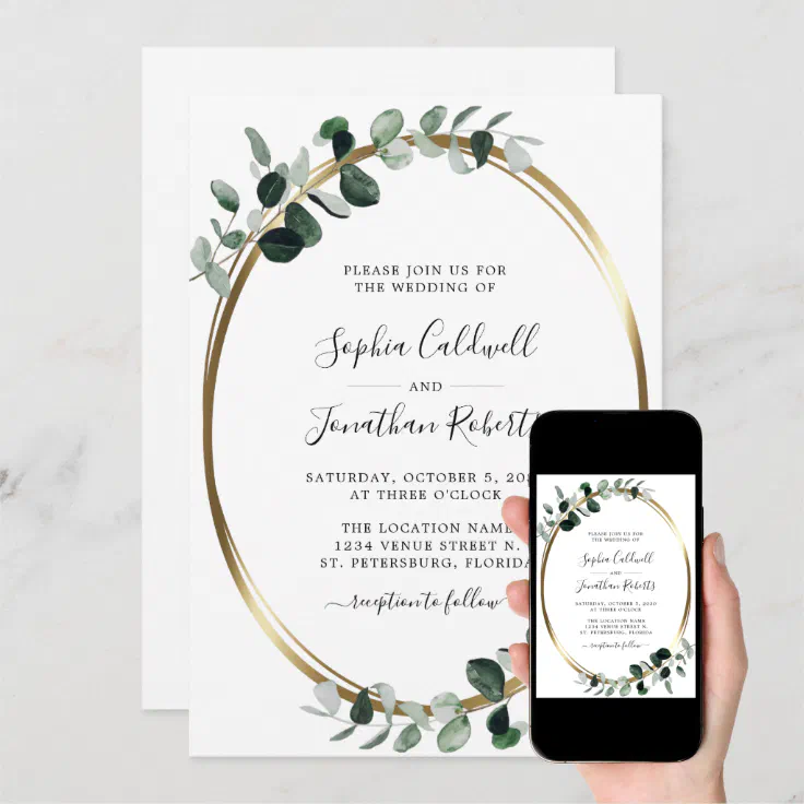 All In One Qr Code Eucalyptus Gold White Wedding Invitation Zazzle