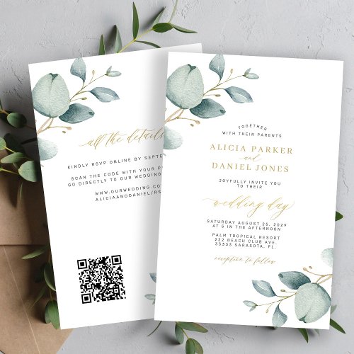 All in one QR code eucalyptus wedding invitation